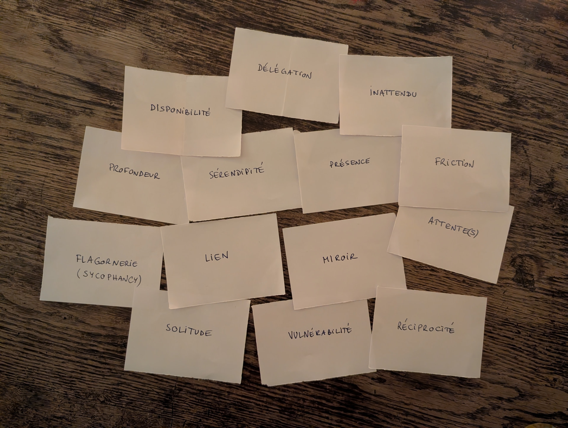 Des fiches manuscrites posées sur une table en bois, portant des mots comme Délégation, Inattendu, Friction, Lien et Réciprocité